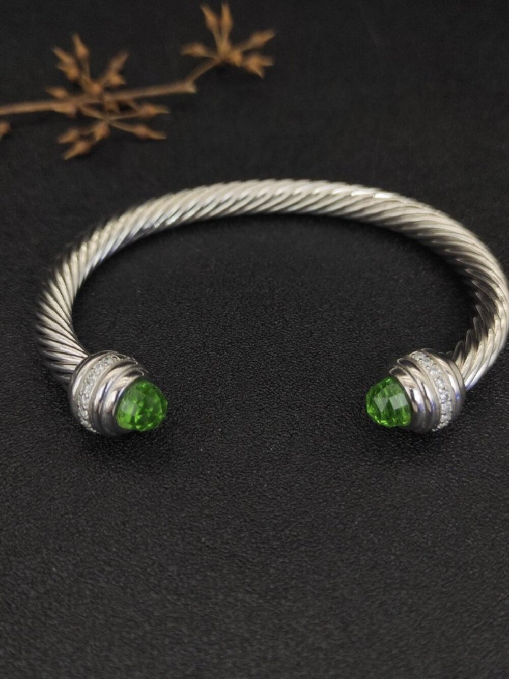 🩸David Yurman🩸 Silver - 7mm Light Green Diamond-Set Drill-Head Bracelet